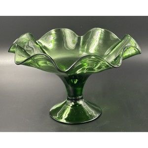 Vintage Handblown Green Art Glass Pedestal Dish with Ruffled Edges